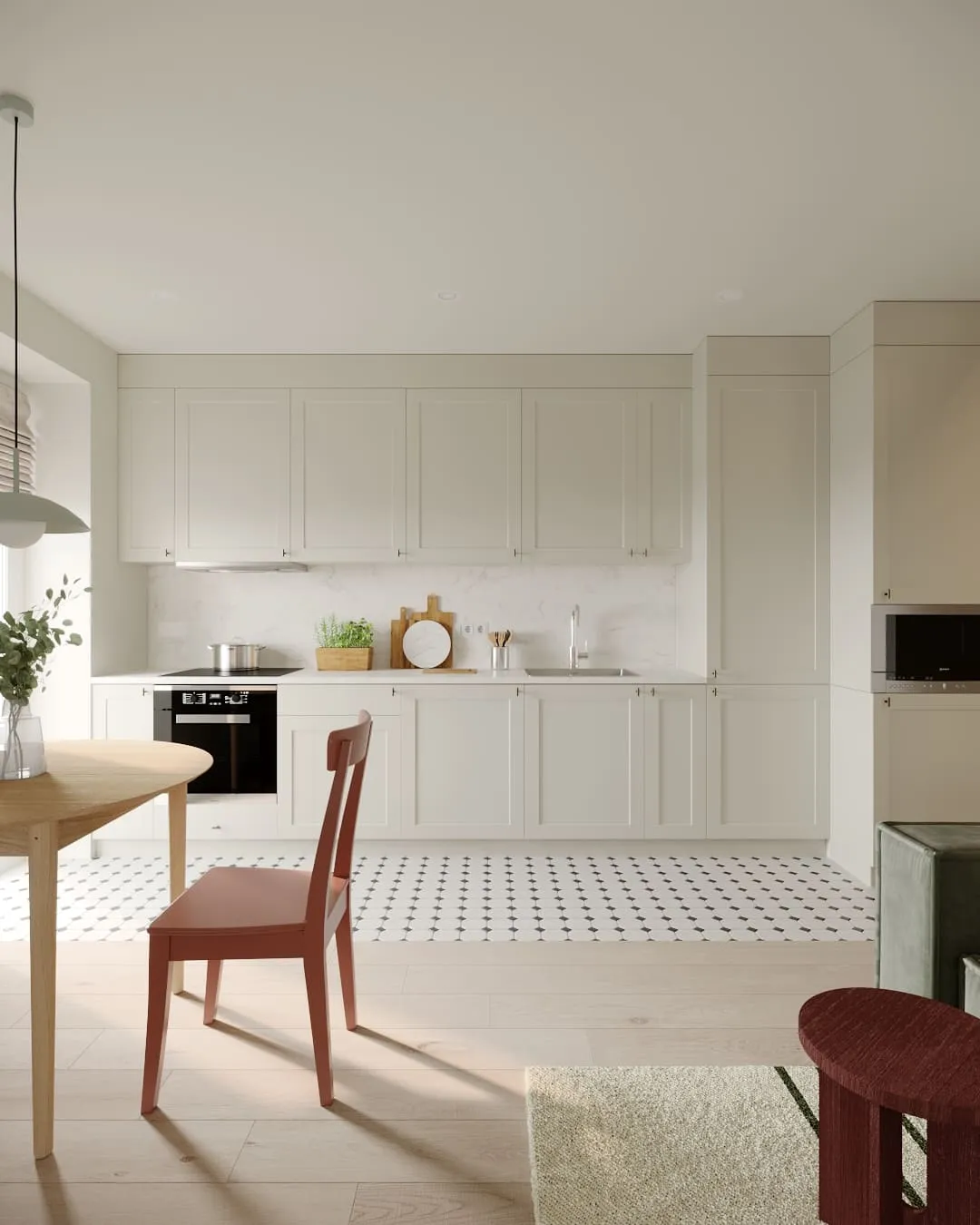 Дизайн інтер’єру кухні в світлих відтінках та з виразною плиткою